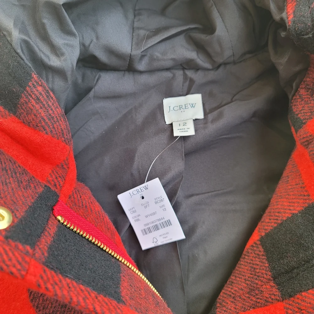 NEW J.Crew sz 12 Vail Parka Buffalo Plaid Wool Pea Coat Hood Classic NWT - Picture 3 of 14